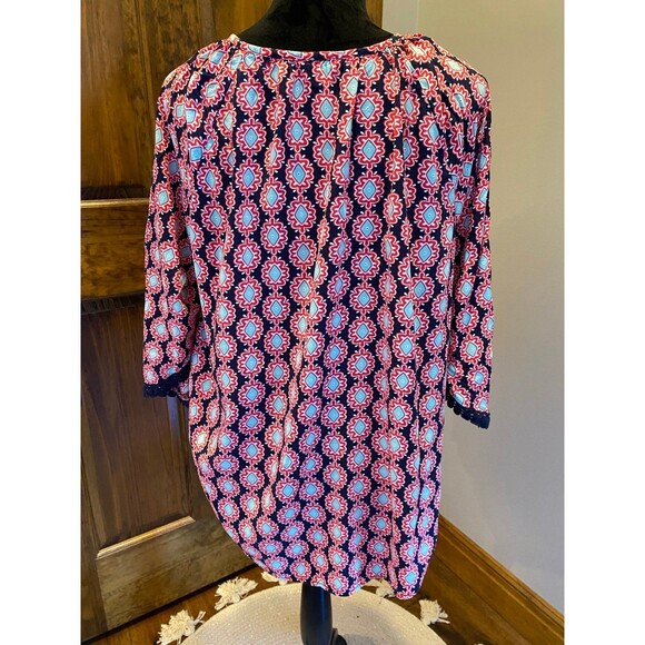Crown & Ivy Boho Peasant Petite Large Navy Red Patterened Top Blouse Casual - Picture 6 of 11